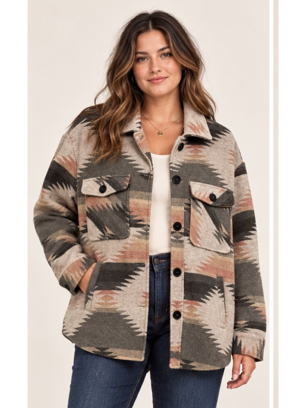Coffee Shop Aztec Utility Boho Gorpcore Coat Jacket Beige, Olive & Rust Large